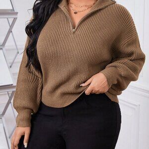 Brown Casual Women's Plus Size Half Zip Drop Shoulder Sweater